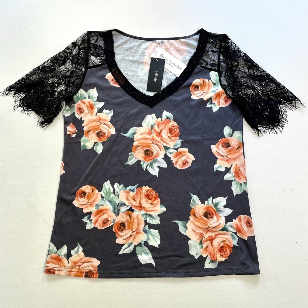 Bellelily Top Women's Small Black Floral Lace Sleeve V Neck Boho Chic Shirt NWT